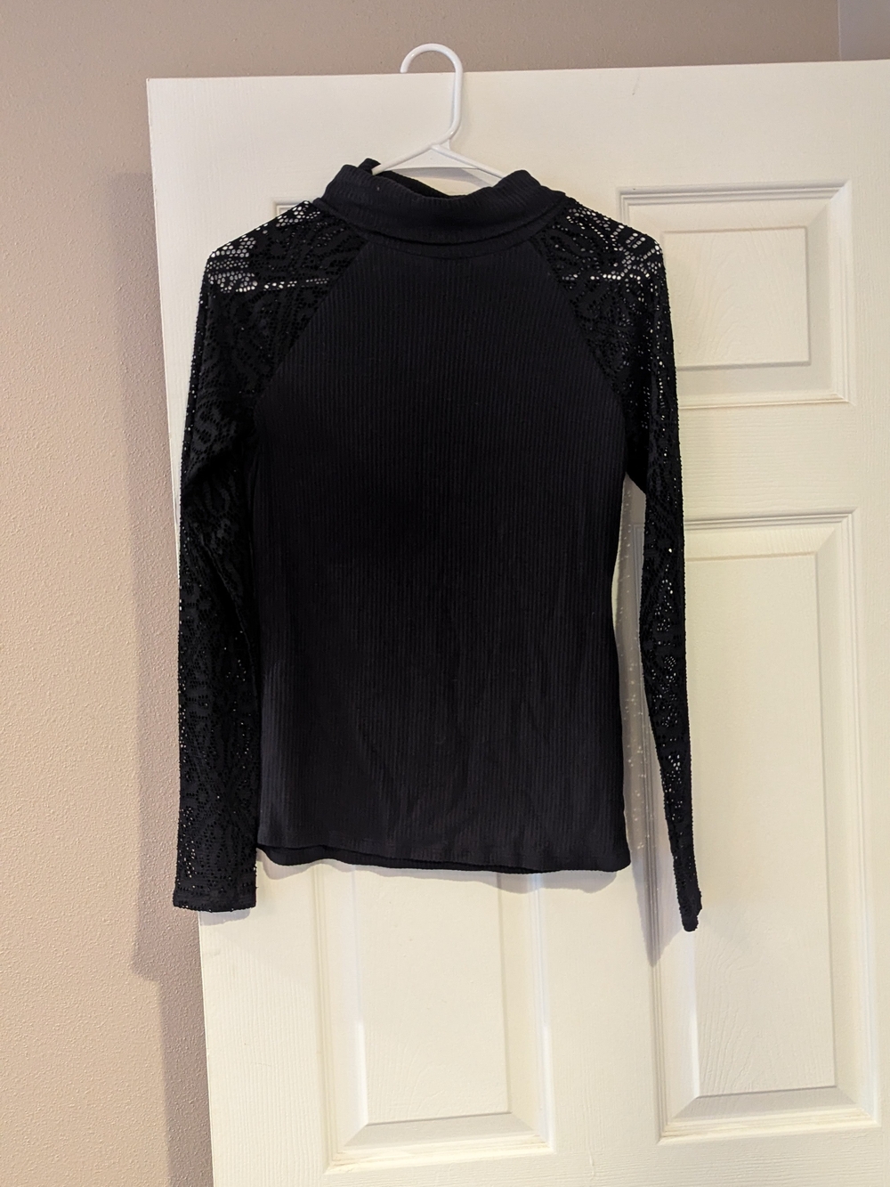 Cato Black Ribbed Mock Neck Top with Lace Sleeves